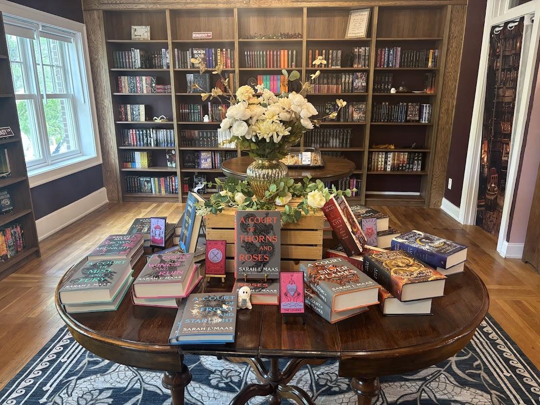 The main reading room at Celestielle, lined with bookshelves