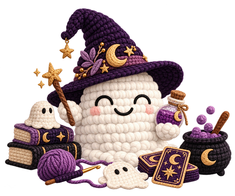 Fig the crochet ghost in a witch hat, holding a wand and a potion, with spell books, a cauldron, tarot cards, and a little crocheted ghost