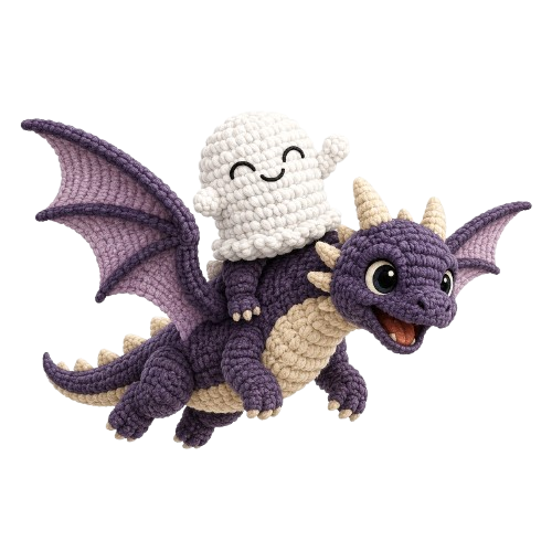 Fig the crochet ghost riding a crochet dragon